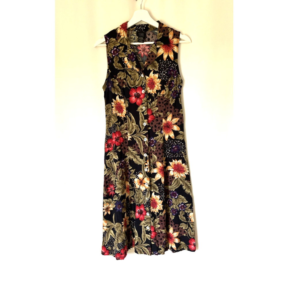 Vtg Teddi Dress 8 Dress Floral Y2K Button Up Midi Aline Floral Vneck Sunflower